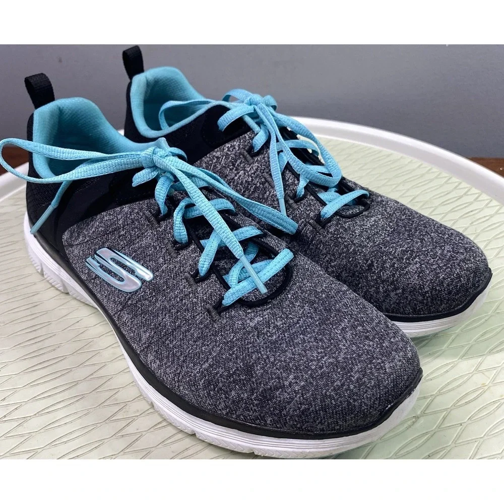 Skechers Flex‎ Lite Womens Gray/Black/Blue Shoes Memory Foam Sneakers Sz.9